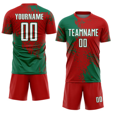 Custom Red White-Kelly Green Abstract Brush Stroke Sports Sublimation Soccer Uniform Jersey