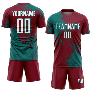 Custom Crimson White-Teal Abstract Brush Stroke Sports Sublimation Soccer Uniform Jersey
