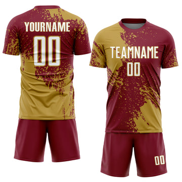 Custom Crimson White-Old Gold Abstract Brush Stroke Sports Sublimation Soccer Uniform Jersey