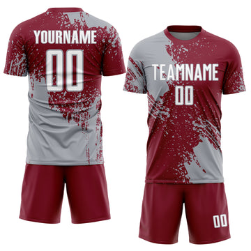Custom Crimson White-Gray Abstract Brush Stroke Sports Sublimation Soccer Uniform Jersey
