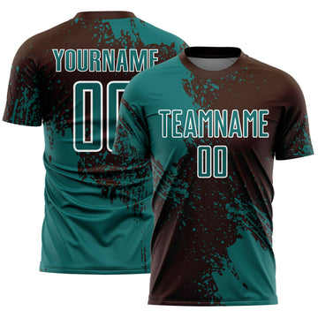Custom Brown Teal-White Abstract Brush Stroke Sports Sublimation Soccer Uniform Jersey