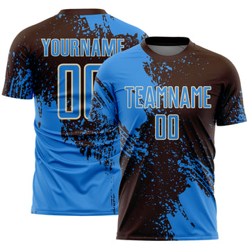 Custom Brown Powder Blue-Cream Abstract Brush Stroke Sports Sublimation Soccer Uniform Jersey