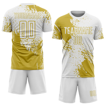 Custom White Old Gold Abstract Brush Stroke Sports Sublimation Soccer Uniform Jersey