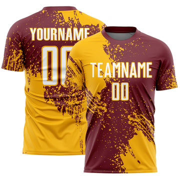 Custom Burgundy White-Gold Abstract Brush Stroke Sports Sublimation Soccer Uniform Jersey