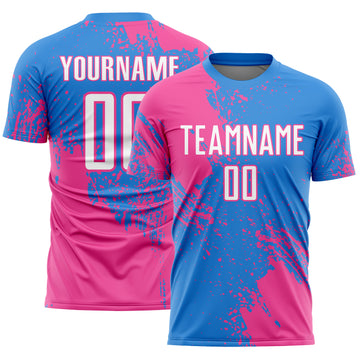 Custom Powder Blue White-Pink Abstract Brush Stroke Sports Sublimation Soccer Uniform Jersey