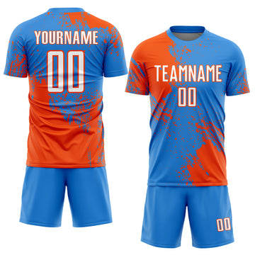 Custom Powder Blue White-Orange Abstract Brush Stroke Sports Sublimation Soccer Uniform Jersey