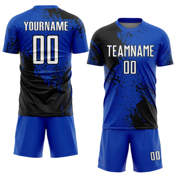 Custom Thunder Blue White-Black Abstract Brush Stroke Sports Sublimation Soccer Uniform Jersey