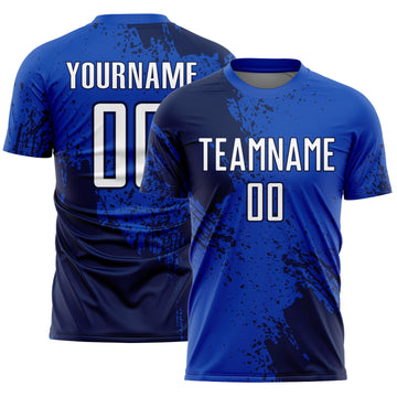 Custom Thunder Blue White-Navy Abstract Brush Stroke Sports Sublimation Soccer Uniform Jersey