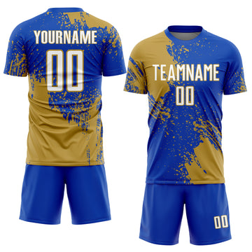 Custom Thunder Blue White-Old Gold Abstract Brush Stroke Sports Sublimation Soccer Uniform Jersey