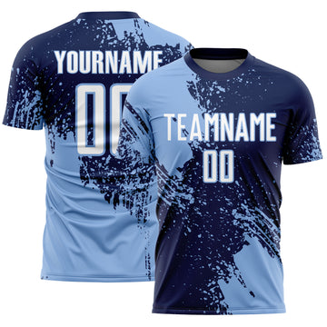 Custom Navy White-Light Blue Abstract Brush Stroke Sports Sublimation Soccer Uniform Jersey