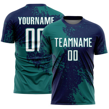 Custom Navy White-Teal Abstract Brush Stroke Sports Sublimation Soccer Uniform Jersey