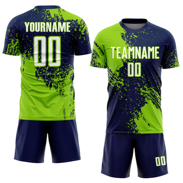 Custom Navy White-Neon Green Abstract Brush Stroke Sports Sublimation Soccer Uniform Jersey