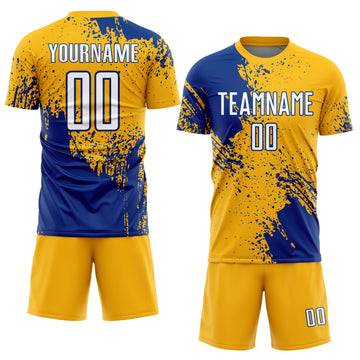 Custom Gold White-Royal Abstract Brush Stroke Sports Sublimation Soccer Uniform Jersey
