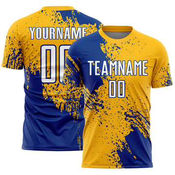 Custom Gold White-Royal Abstract Brush Stroke Sports Sublimation Soccer Uniform Jersey