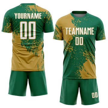 Custom Kelly Green White-Old Gold Abstract Brush Stroke Sports Sublimation Soccer Uniform Jersey
