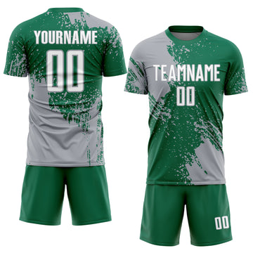 Custom Kelly Green White-Gray Abstract Brush Stroke Sports Sublimation Soccer Uniform Jersey