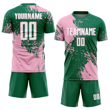 Custom Kelly Green White-Light Pink Abstract Brush Stroke Sports Sublimation Soccer Uniform Jersey