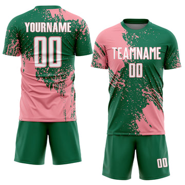 Custom Kelly Green White-Medium Pink Abstract Brush Stroke Sports Sublimation Soccer Uniform Jersey