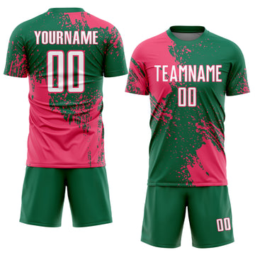 Custom Kelly Green White-Neon Pink Abstract Brush Stroke Sports Sublimation Soccer Uniform Jersey