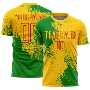 Custom Yellow Grass Green-Red Abstract Brush Stroke Sports Sublimation Soccer Uniform Jersey