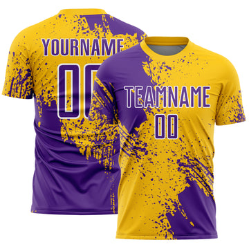 Custom Yellow Purple-White Abstract Brush Stroke Sports Sublimation Soccer Uniform Jersey