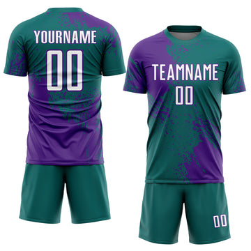 Custom Teal White-Purple Abstract Brush Stroke Sports Sublimation Soccer Uniform Jersey