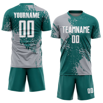 Custom Teal White-Gray Abstract Brush Stroke Sports Sublimation Soccer Uniform Jersey