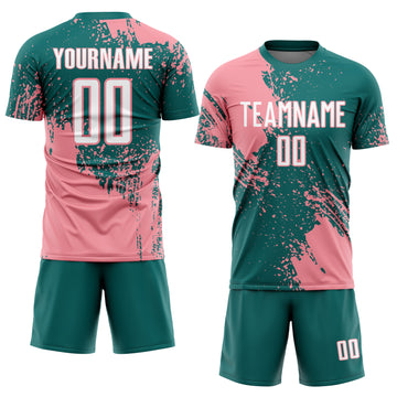 Custom Teal White-Medium Pink Abstract Brush Stroke Sports Sublimation Soccer Uniform Jersey