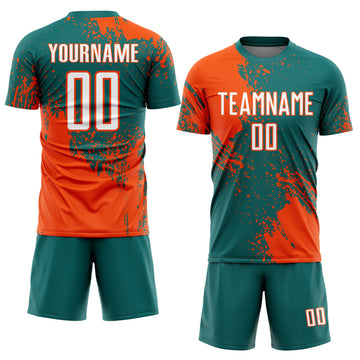 Custom Teal White-Orange Abstract Brush Stroke Sports Sublimation Soccer Uniform Jersey