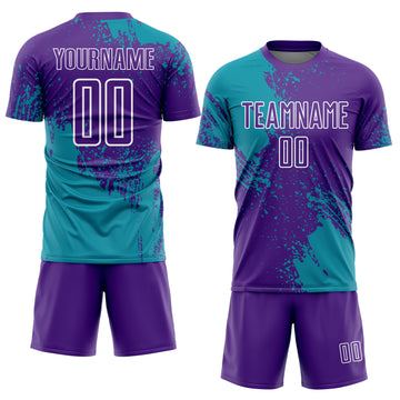 Custom Purple Teal-White Abstract Brush Stroke Sports Sublimation Soccer Uniform Jersey