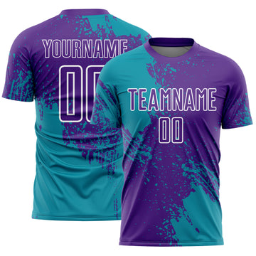 Custom Purple Teal-White Abstract Brush Stroke Sports Sublimation Soccer Uniform Jersey