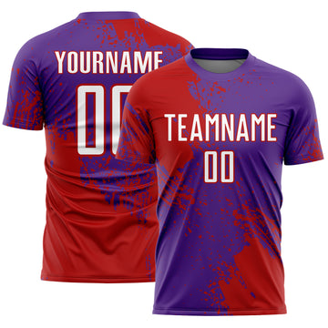 Custom Purple White-Red Abstract Brush Stroke Sports Sublimation Soccer Uniform Jersey
