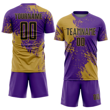 Custom Purple Black-Old Gold Abstract Brush Stroke Sports Sublimation Soccer Uniform Jersey