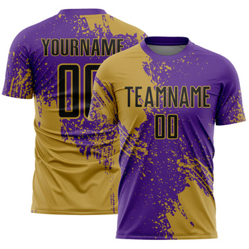 Custom Purple Black-Old Gold Abstract Brush Stroke Sports Sublimation Soccer Uniform Jersey