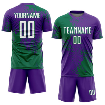 Custom Purple White-Kelly Green Abstract Brush Stroke Sports Sublimation Soccer Uniform Jersey