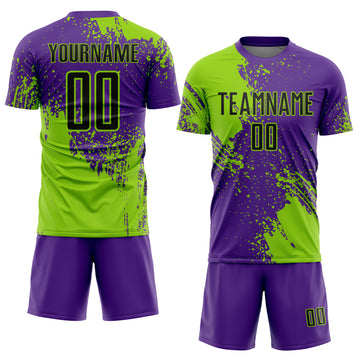 Custom Purple Black-Neon Green Abstract Brush Stroke Sports Sublimation Soccer Uniform Jersey