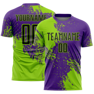 Custom Purple Black-Neon Green Abstract Brush Stroke Sports Sublimation Soccer Uniform Jersey