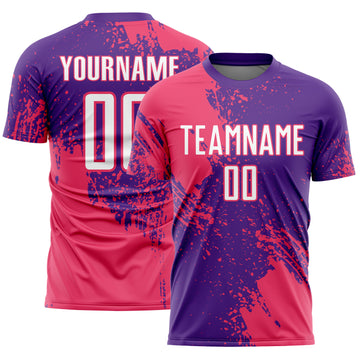 Custom Purple White-Neon Pink Abstract Brush Stroke Sports Sublimation Soccer Uniform Jersey