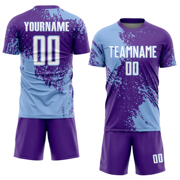 Custom Purple White-Light Blue Abstract Brush Stroke Sports Sublimation Soccer Uniform Jersey