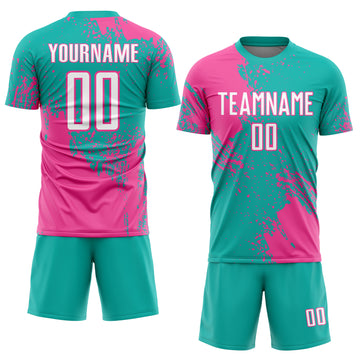 Custom Aqua White-Pink Abstract Brush Stroke Sports Sublimation Soccer Uniform Jersey