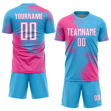 Custom Sky Blue White-Pink Abstract Brush Stroke Sports Sublimation Soccer Uniform Jersey