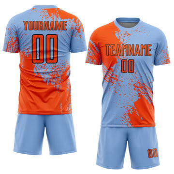 Custom Light Blue Orange-Black Abstract Brush Stroke Sports Sublimation Soccer Uniform Jersey