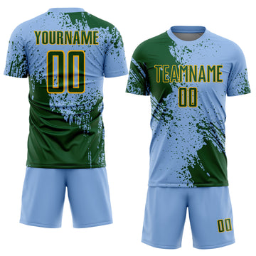 Custom Light Blue Green-Gold Abstract Brush Stroke Sports Sublimation Soccer Uniform Jersey