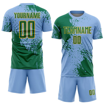 Custom Light Blue Kelly Green-Gold Abstract Brush Stroke Sports Sublimation Soccer Uniform Jersey