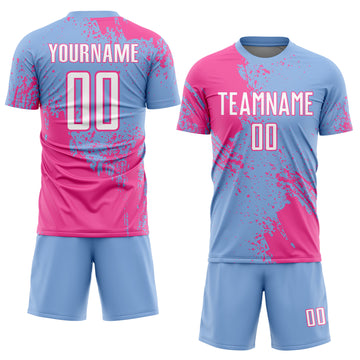 Custom Light Blue White-Pink Abstract Brush Stroke Sports Sublimation Soccer Uniform Jersey
