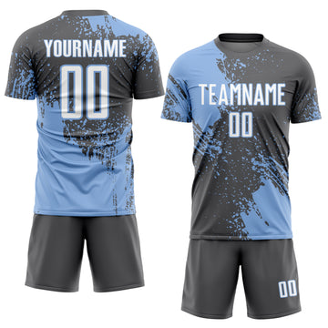 Custom Steel Gray White-Light Blue Abstract Brush Stroke Sports Sublimation Soccer Uniform Jersey