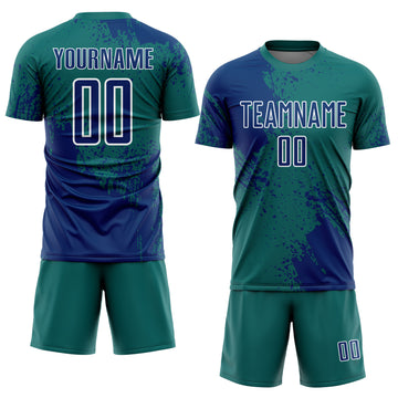 Custom Teal US Navy Blue-White Abstract Brush Stroke Sports Sublimation Soccer Uniform Jersey