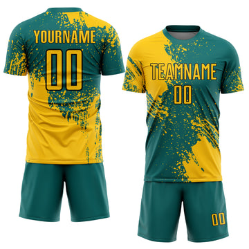 Custom Teal Yellow-Black Abstract Brush Stroke Sports Sublimation Soccer Uniform Jersey