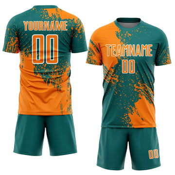 Custom Teal Bay Orange-White Abstract Brush Stroke Sports Sublimation Soccer Uniform Jersey