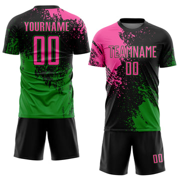 Custom Black Pink-Grass Green Abstract Brush Stroke Sports Sublimation Soccer Uniform Jersey